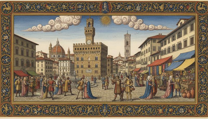 Florence at the height of the Republic, circa 1400, with the Palazzo della Signoria as civic center