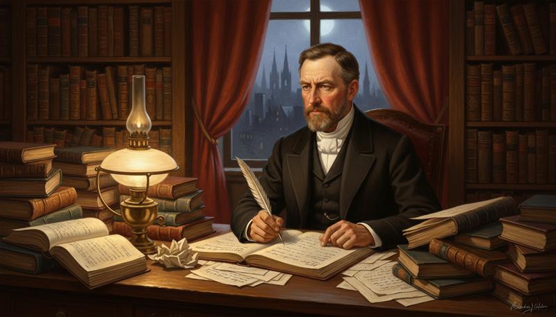 John Stuart Mill writing at his desk, with books and manuscript pages, representing his intellectual output