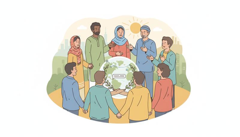 A diverse group of people from various cultural backgrounds gathered in conversation or community, representing the global aspirations of a truly inclusive secular humanism — people of different ethnicities, ages, and genders engaged together