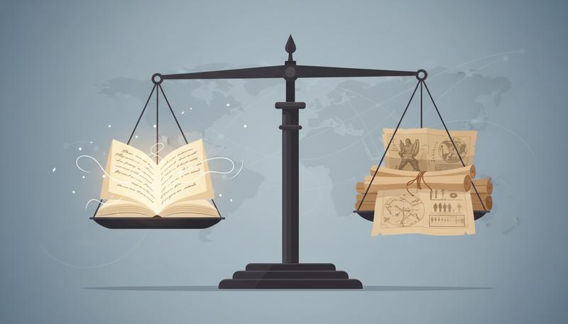 Illustration showing the tension between Enlightenment universalism and its historical exclusions — a scale with 'Universal Reason' on one side and historical evidence of racial hierarchy and colonialism on the other