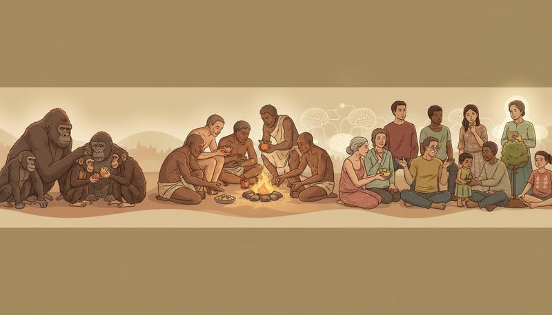 Illustration showing the evolutionary continuum of empathy and social bonding from primates to humans, with examples of moral behavior