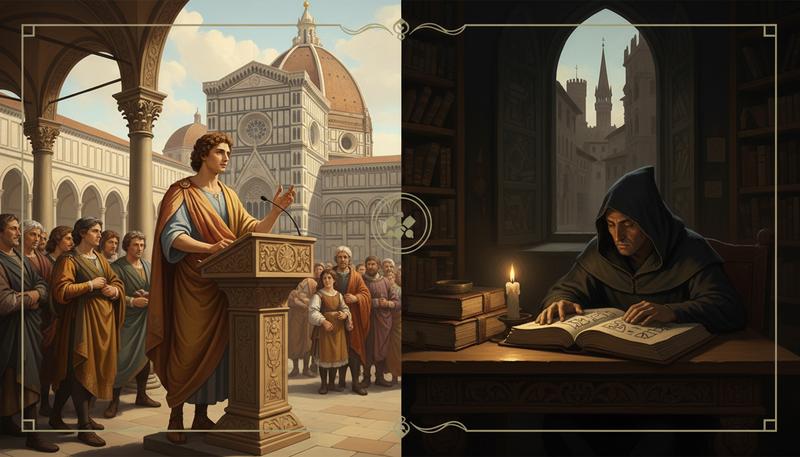 Illustration contrasting idealized civic virtue with Machiavellian political realism