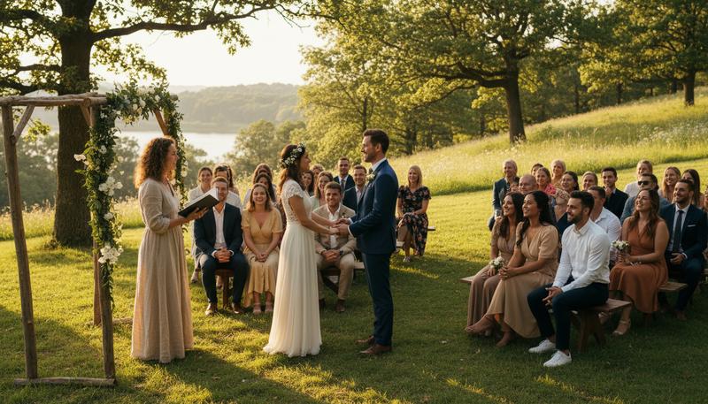 A couple and guests gathered in a natural setting
