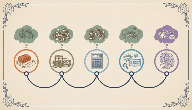 Timeline of major cognitive tools from writing to AI, with the anxiety each one triggered