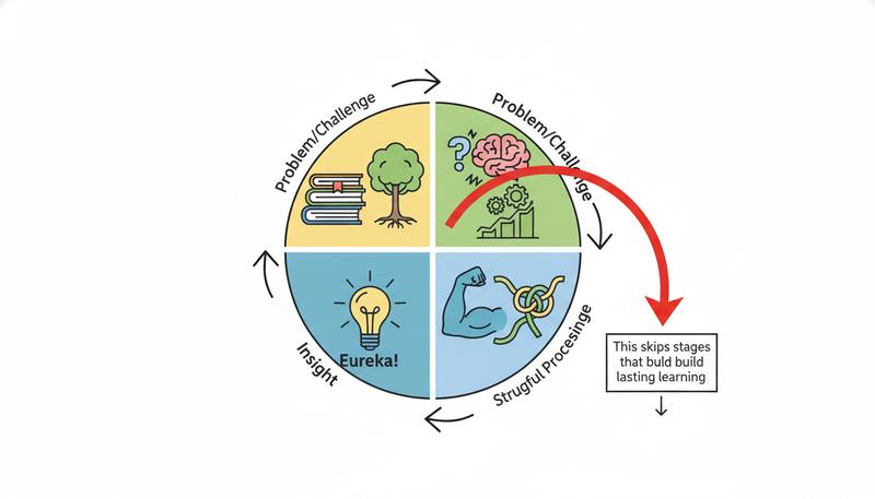 A diagram showing the learning loop: struggle, error, feedback, consolidation — and how AI shortcuts disrupt it