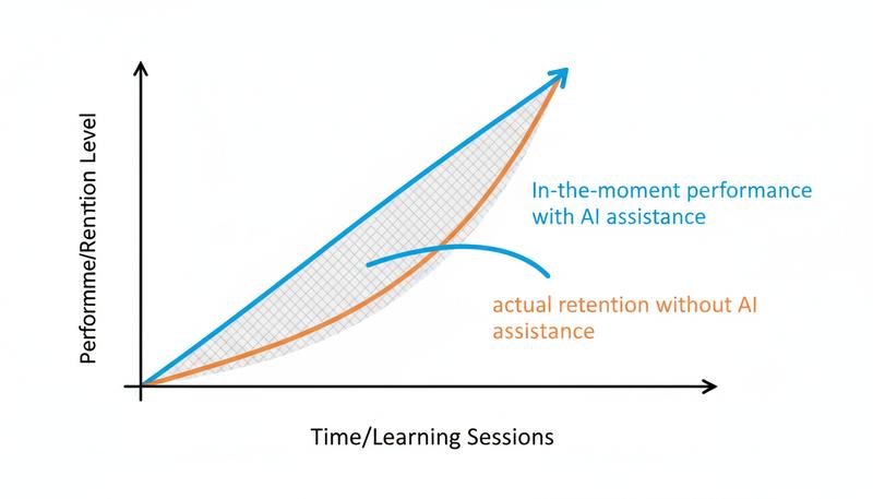 A diagram showing the gap between AI-assisted performance and actual retained knowledge over time