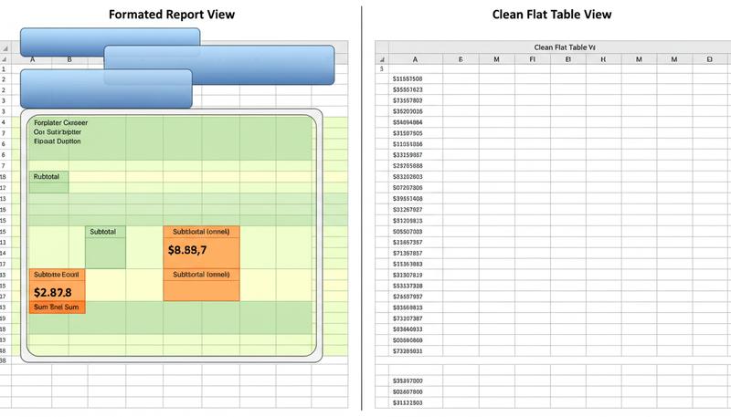 Side-by-side comparison of a formatted printed report layout versus a clean database-style table with rows and columns