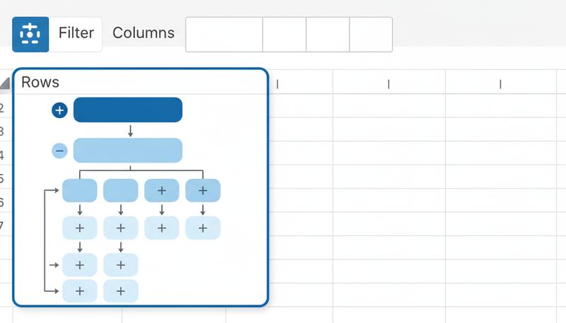 Screenshot concept showing a date field automatically grouped into Year > Quarter > Month hierarchy in a pivot table