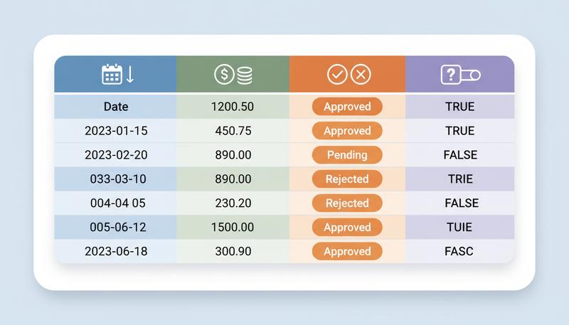 Diagram showing four columns each containing a single consistent data type: date, number, text category, boolean