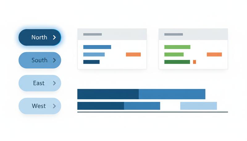 Visual showing two pivot tables and a pivot chart all connected to the same slicer panel