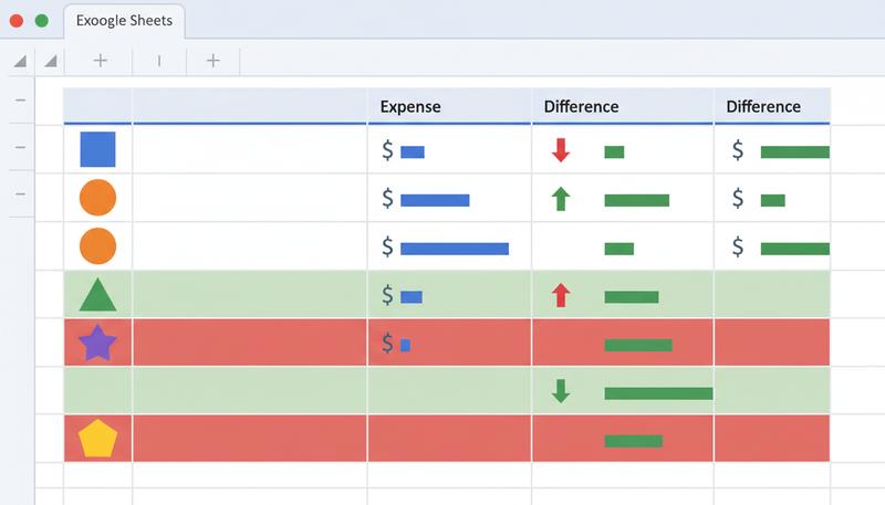 Budget tracker summary section with red highlighting on over-budget categories and green on under-budget ones