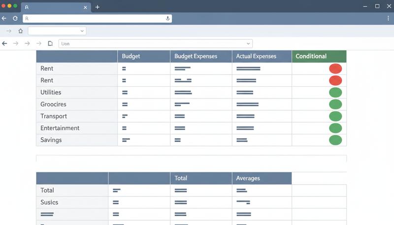 A completed Google Sheets budget tracker showing categories, budgeted amounts, actual amounts, and auto-populated status labels
