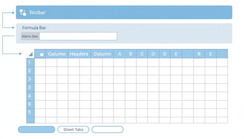 Annotated screenshot-style illustration of the Google Sheets interface with labels pointing to the toolbar, formula bar, name box, column headers, row numbers, the grid, and sheet tabs at the bottom