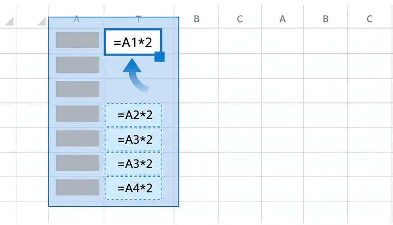 Animated illustration of the Google Sheets fill handle being dragged down a column to copy a formula