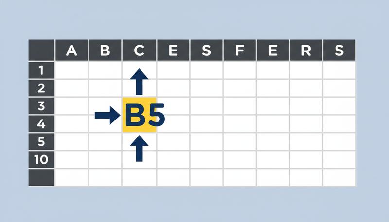 Illustration showing the cell B5 highlighted on a grid, with arrows pointing to the B column header and the 5 row number, labeled 'column first, row second'