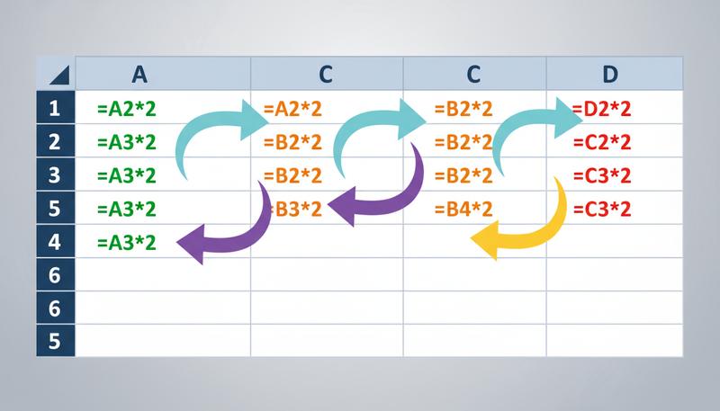 Illustration showing a formula being copied across columns, with cell references automatically adjusting