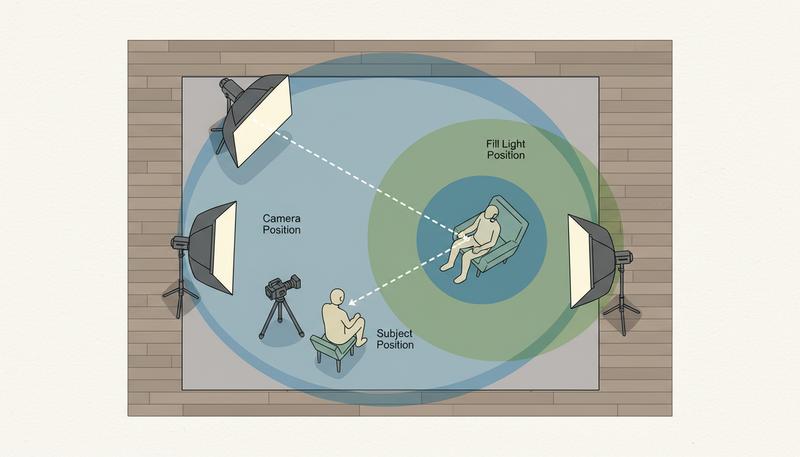 Diagram showing how camera position, lighting, and crew placement affect a subject's psychological comfort during interview