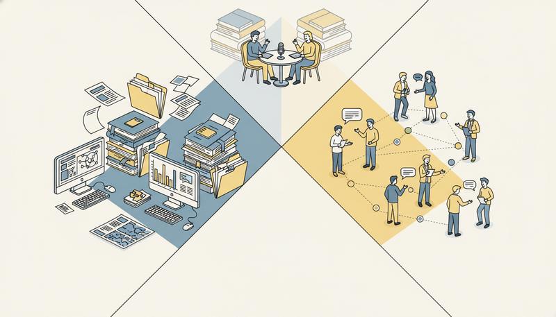 Two parallel tracks of pre-interview research: document archives and human sources converging into preparation