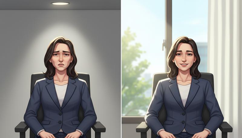 Comparison of harsh overhead lighting vs. soft natural lighting in documentary interview setup, showing effect on subject demeanor