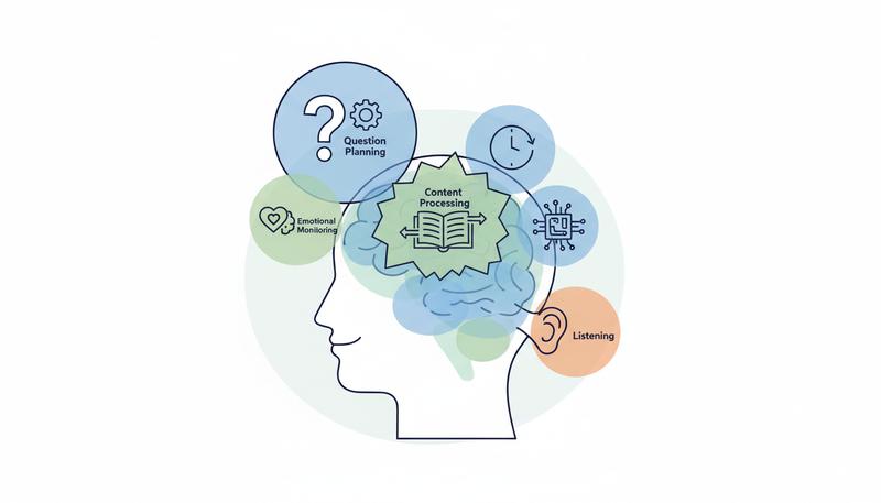 Diagram showing the competing cognitive demands on an interviewer during a live conversation