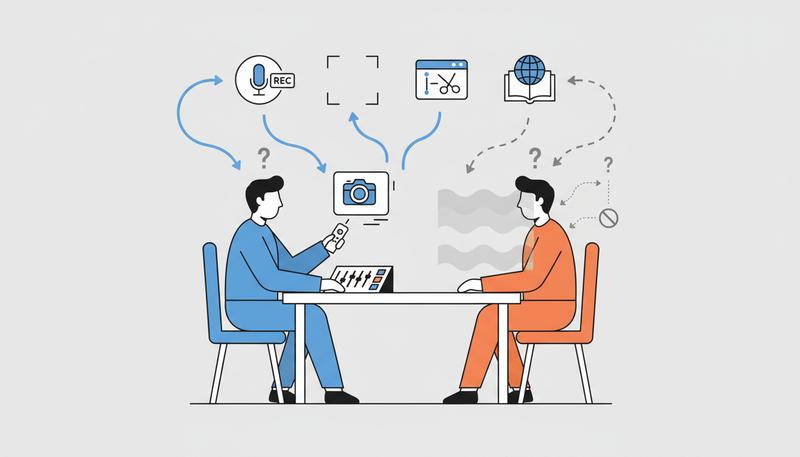 Diagram showing the asymmetry between interviewer knowledge and control vs. subject awareness
