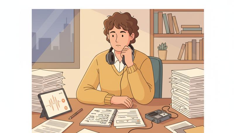 A mirrored interview — the interviewer examining their own reflection in a notebook