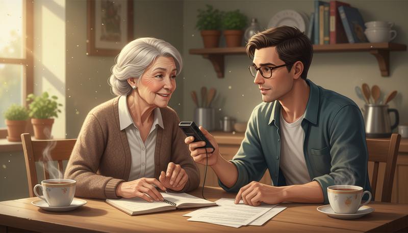 Oral historian and elderly narrator reviewing consent documentation together at a kitchen table, a recorder and papers between them