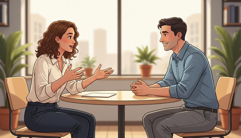 Two people in interview setting showing engaged nonverbal communication — open body language, genuine attention