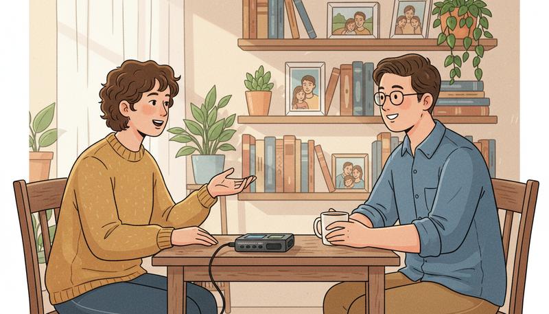 An interviewer arranging recording equipment in a subject's home office while the subject is visible in conversation in the background