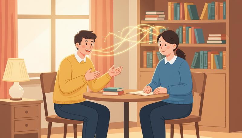 Two people in genuine conversation, the interviewer leaning forward attentively