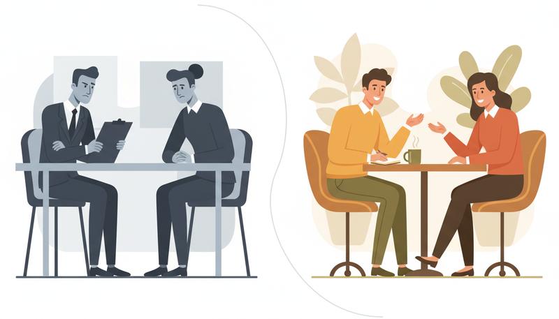 Two contrasting interview models: extraction (closed, transactional) versus relationship (open, conversational)