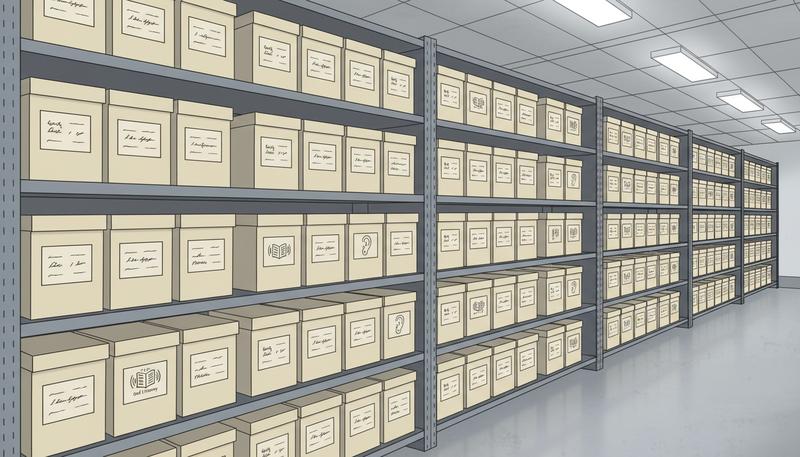 Row of archival boxes labeled with oral history project names on metal shelving in a library repository