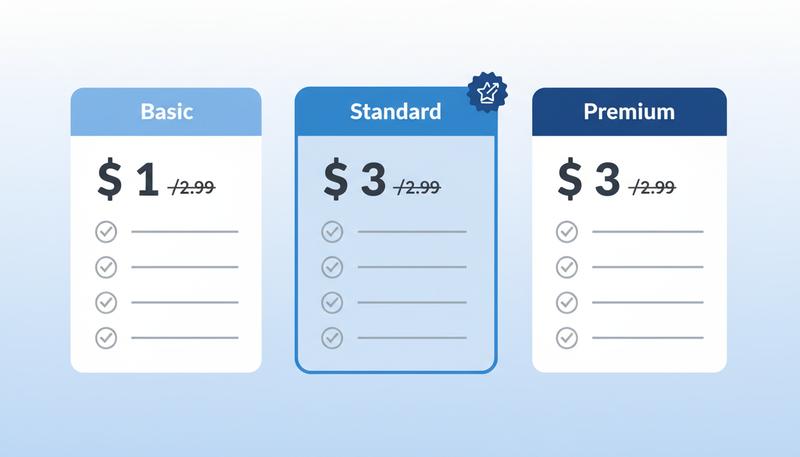 Three-tier pricing structure showing basic, standard, and premium options with the middle tier highlighted as the recommended option