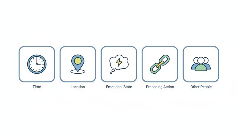 Five categories of habit cues: time, location, emotion, preceding action, and social context