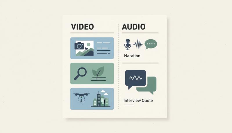 Example of a documentary two-column A/V script format showing video descriptions in the left column and audio content including narration and interview quotes in the right column