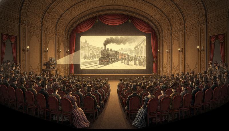 A recreation of the famous 1895 Lumière brothers film screening, with an audience watching an early single-shot film