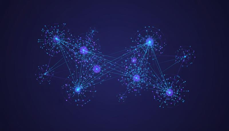 A visualization of a knowledge network showing clusters and dense connection points emerging from many individual linked nodes