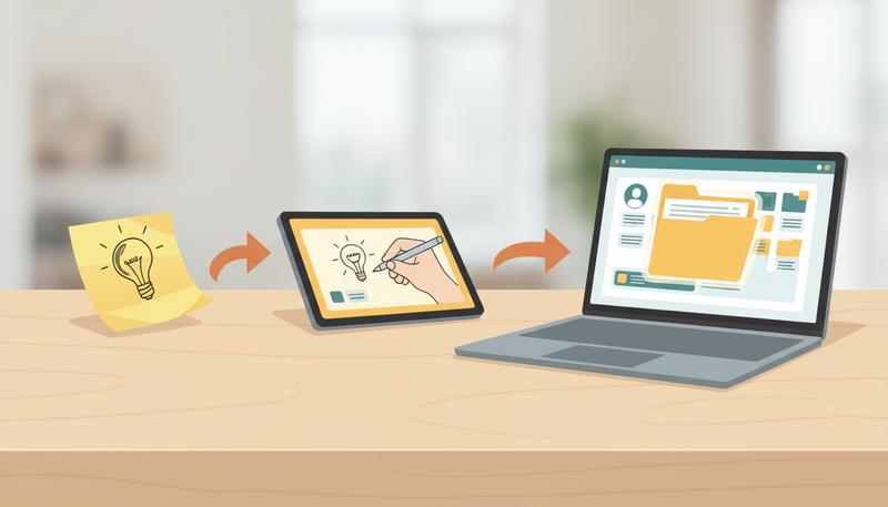 A person capturing a fleeting thought on a small notepad, with arrows showing it moving into a digital inbox