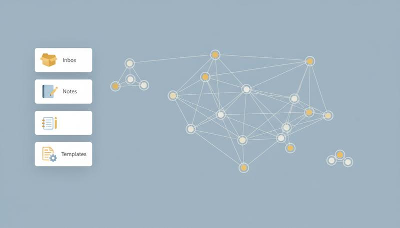 Obsidian vault with three simple folders and a handful of notes showing the graph view with a small connected network