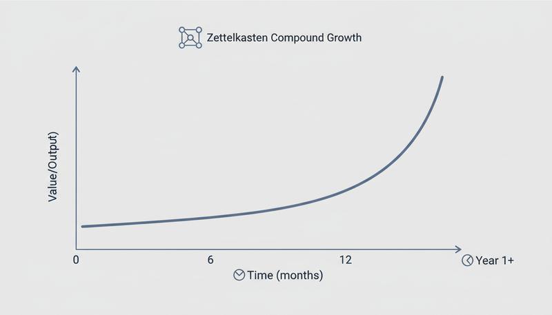 A graph showing Zettelkasten value over time: flat early, then exponential after the first year