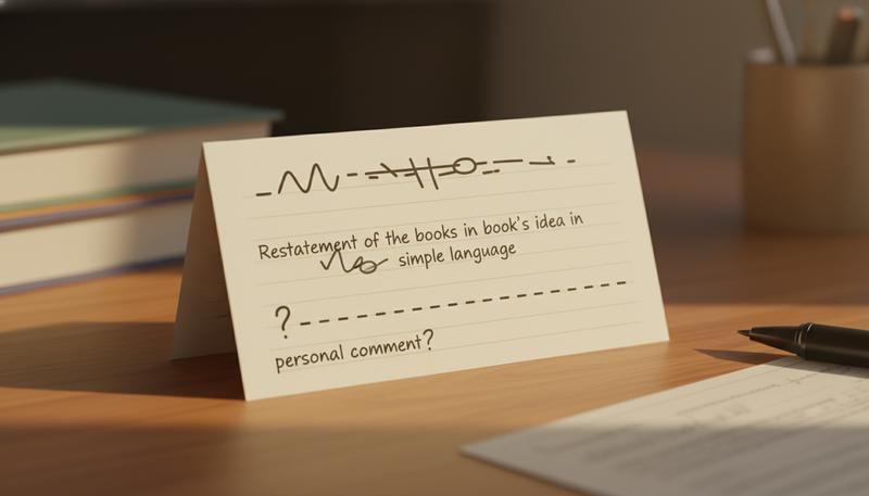 A handwritten or typed literature note card showing an idea from a book restated in the reader's own words with a brief personal reaction