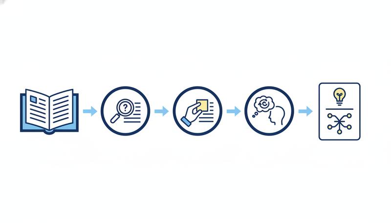 A diagram showing the active reading process: text input flows through questioning, extraction, and reformulation into ideas ready for linking