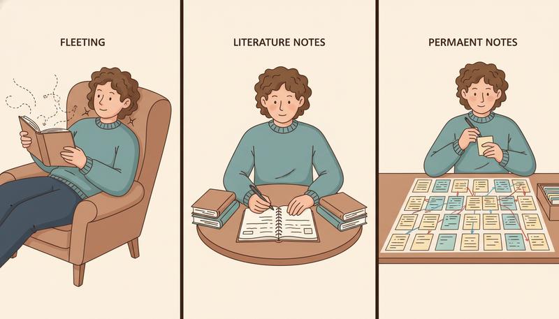 A visual representation of the reading-to-permanent-note workflow, showing a book opening into fleeting notes, condensing into literature notes, and crystalizing into permanent Zettelkasten notes